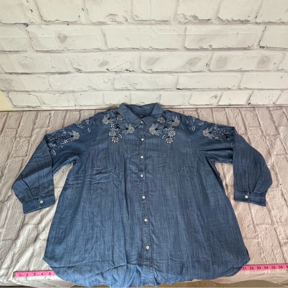 Blue Floral Embroidered Button-Up Shirt, 3X - Picture 8 of 15